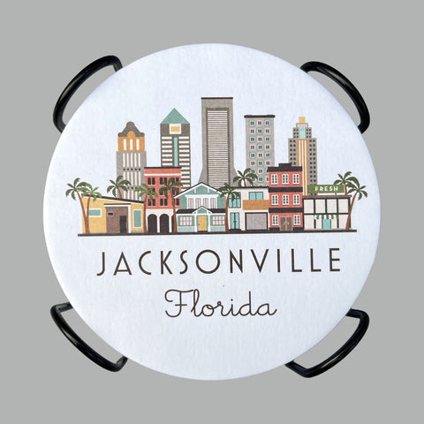 Jacksonville Florida Skyline Paper Pulp Board Coasters | Set of 15 With Black Metal Stand | Absorbent Disposable Reusable Party Bar Coasters