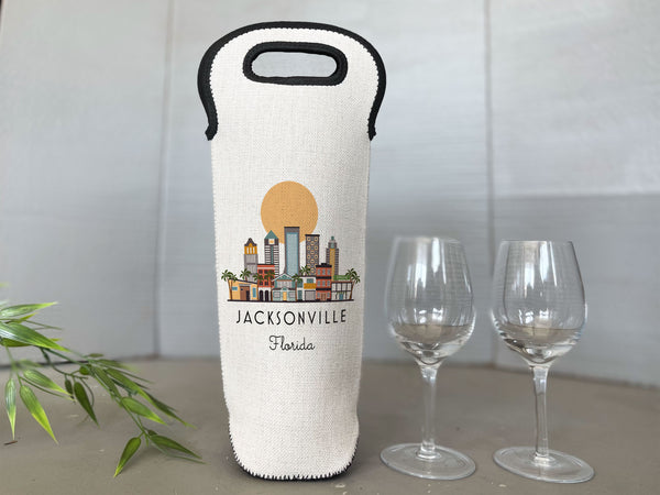 Jacksonville Florida Skyline Wine Carrier Tote Neoprene Lining Liquor Bottle Cooler