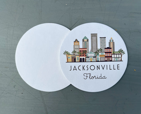 Jacksonville Florida Skyline Paper Pulp Board Coasters | Set of 15 With Black Metal Stand | Absorbent Disposable Reusable Party Bar Coasters