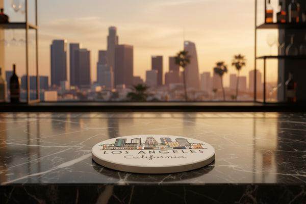Los Angeles Illustrated Skyline Absorbent Stone Ceramic Coaster with Cork Backing