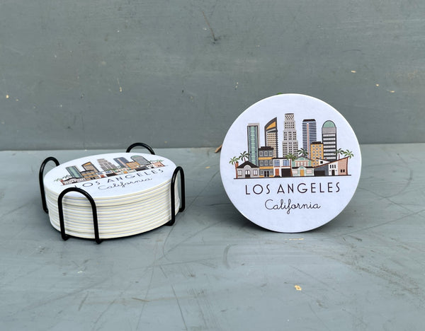 Los Angeles Skyline Graphic Paper Pulp Board Coasters | Set of 15 With Black Metal Stand | Absorbent Disposable Reusable Party Bar Coasters