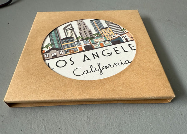 Los Angeles Illustrated Skyline Absorbent Stone Ceramic Coaster with Cork Backing