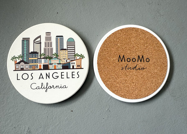 Los Angeles Illustrated Skyline Absorbent Stone Ceramic Coaster with Cork Backing