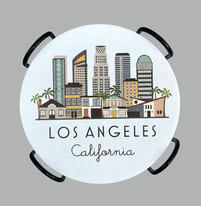 Los Angeles Skyline Graphic Paper Pulp Board Coasters | Set of 15 With Black Metal Stand | Absorbent Disposable Reusable Party Bar Coasters