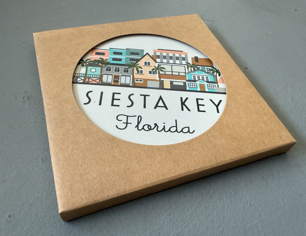 Siesta Key Florida Skyline Absorbent Stone Ceramic Coaster with Cork Backing