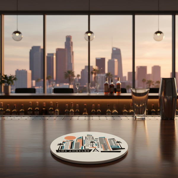 Circular coaster with a stylized illustration of Los Angeles skyline on a gray background