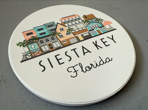 Siesta Key Florida Skyline Absorbent Stone Ceramic Coaster with Cork Backing