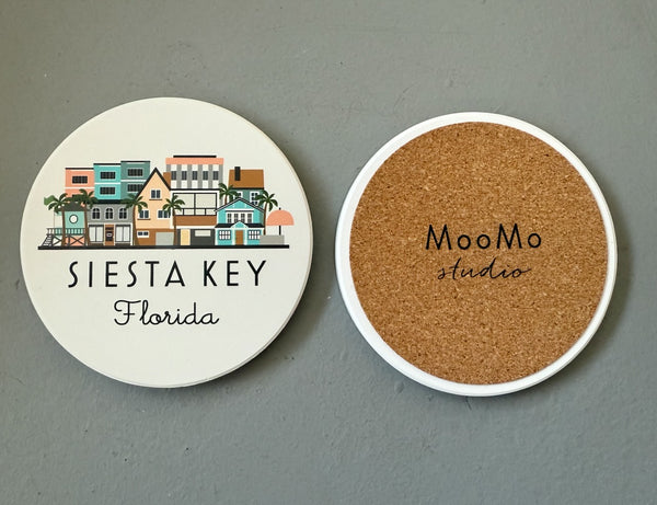 Siesta Key Florida Skyline Absorbent Stone Ceramic Coaster with Cork Backing