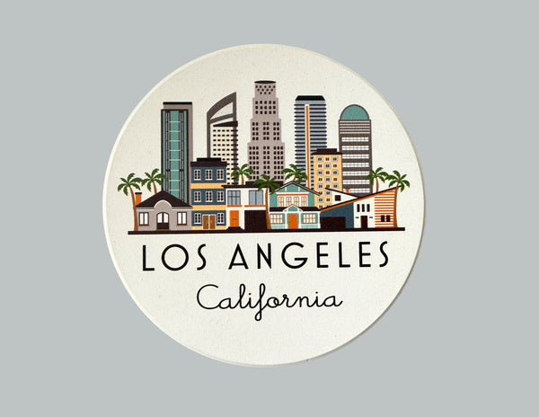 Los Angeles Illustrated Skyline Absorbent Stone Ceramic Coaster with Cork Backing
