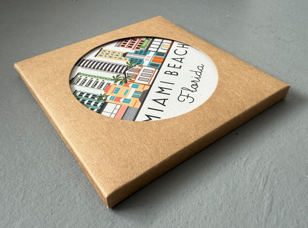 Miami Beach Florida Skyline Absorbent Flat Ceramic Coaster with Cork Backing