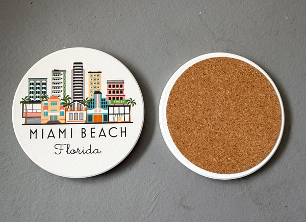 Miami Beach Florida Skyline Absorbent Flat Ceramic Coaster with Cork Backing