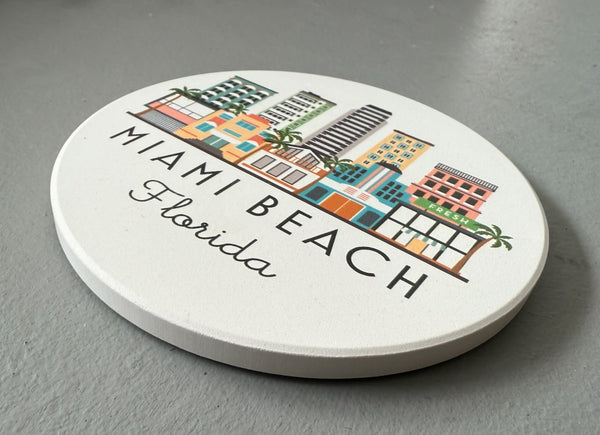 Miami Beach Florida Skyline Absorbent Flat Ceramic Coaster with Cork Backing