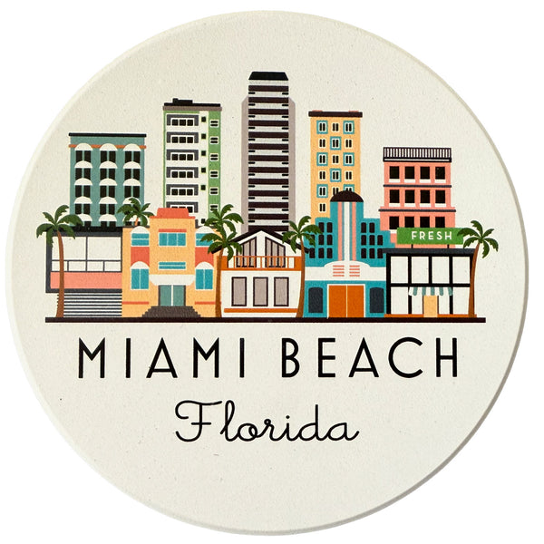 Miami Beach Florida Skyline Absorbent Flat Ceramic Coaster with Cork Backing