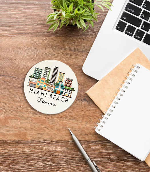 Miami Beach Florida Skyline Absorbent Flat Ceramic Coaster with Cork Backing