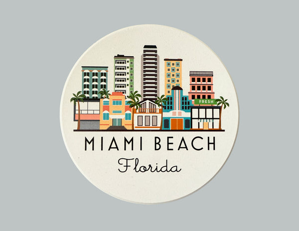 Miami Beach Florida Skyline Absorbent Flat Ceramic Coaster with Cork Backing