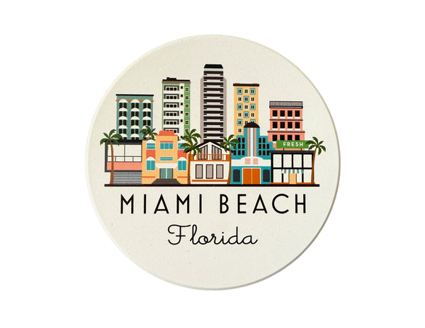 Miami Beach Florida Skyline Absorbent Flat Ceramic Coaster with Cork Backing