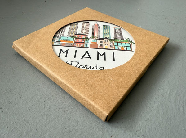 Miami Florida Skyline Absorbent Flat Ceramic Coaster with Cork Backing