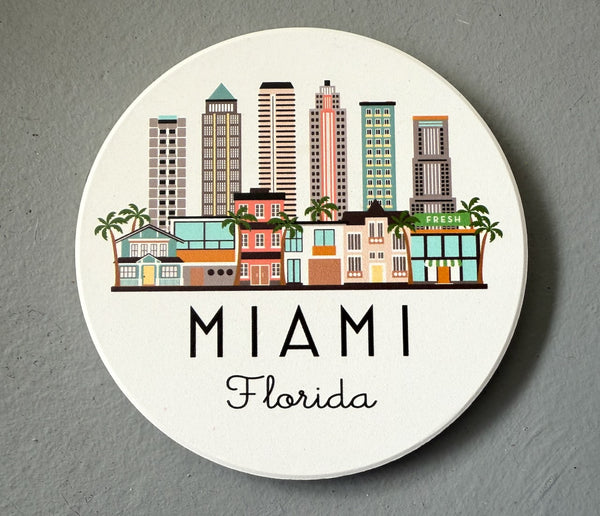 Miami Florida Skyline Absorbent Flat Ceramic Coaster with Cork Backing