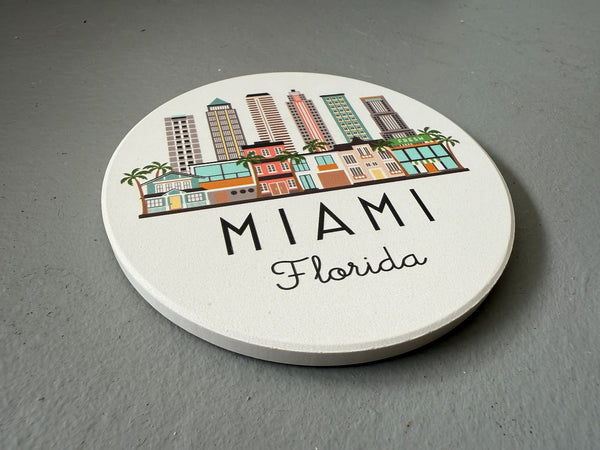 Miami Florida Skyline Absorbent Flat Ceramic Coaster with Cork Backing