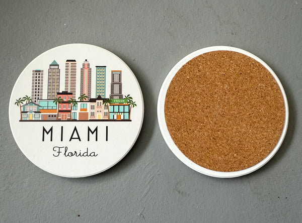 Miami Florida Skyline Absorbent Flat Ceramic Coaster with Cork Backing
