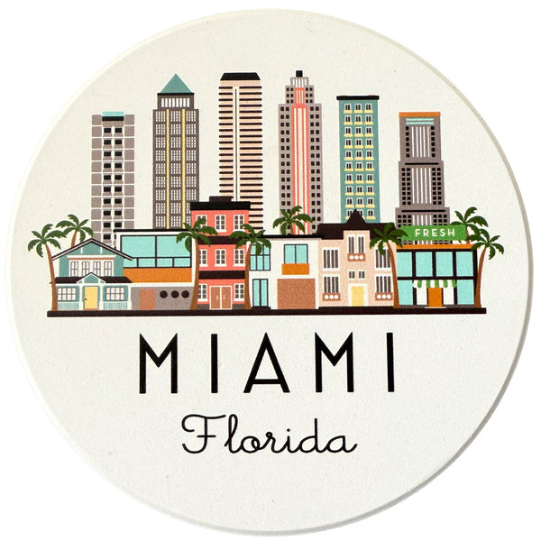 Miami Florida Skyline Absorbent Flat Ceramic Coaster with Cork Backing