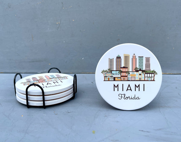 Miami Florida Cityscape Skyline Graphic Flat Ceramic Coaster with Cork Backing