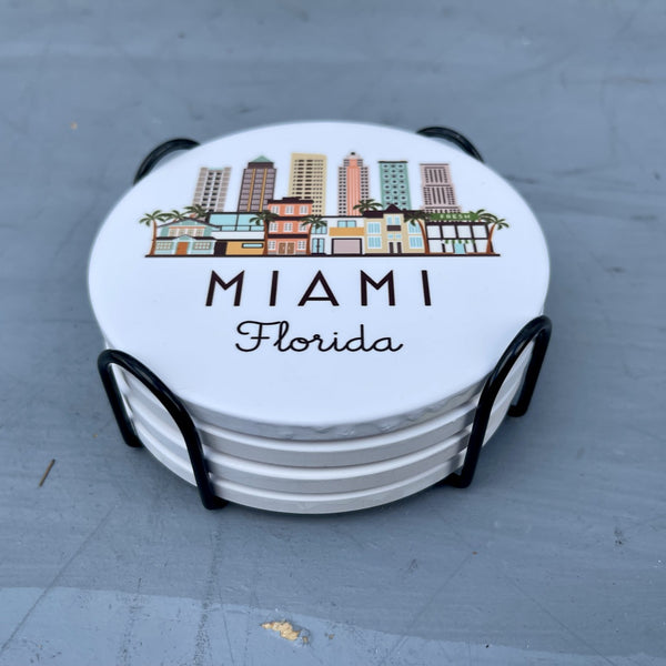 Miami Florida Cityscape Skyline Graphic Flat Ceramic Coaster with Cork Backing