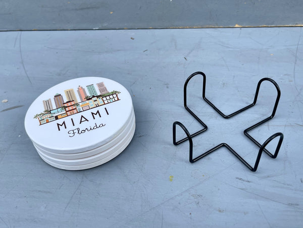 Miami Florida Cityscape Skyline Graphic Flat Ceramic Coaster with Cork Backing