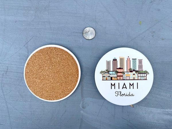 Miami Florida Cityscape Skyline Graphic Flat Ceramic Coaster with Cork Backing