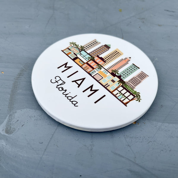 Miami Florida Cityscape Skyline Graphic Flat Ceramic Coaster with Cork Backing