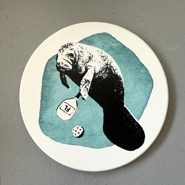 Manatee Playing Pickleball Absorbent Flat Ceramic Coaster with Cork Backing