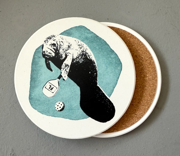 Manatee Playing Pickleball Absorbent Flat Ceramic Coaster with Cork Backing