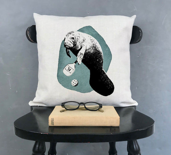 Manatee Playing Pickleball Pillow Cover | Decorative Throw Pillow Cushion Sham