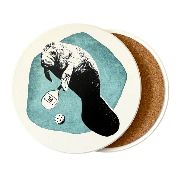 Manatee Playing Pickleball Absorbent Flat Ceramic Coaster with Cork Backing