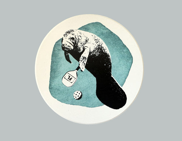 Manatee Playing Pickleball Absorbent Flat Ceramic Coaster with Cork Backing