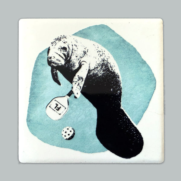Manatee Playing Pickleball Ceramic Fridge Magnet