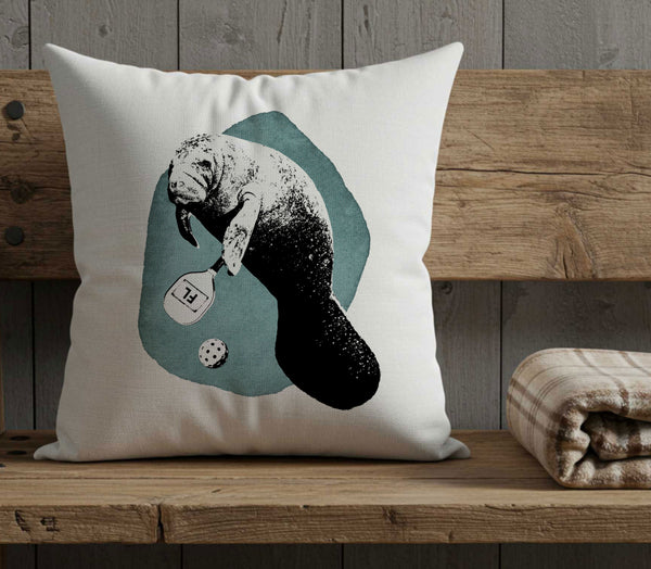 Manatee Playing Pickleball Pillow Cover | Decorative Throw Pillow Cushion Sham