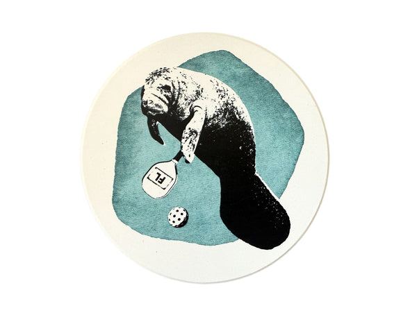 Manatee Playing Pickleball Absorbent Flat Ceramic Coaster with Cork Backing