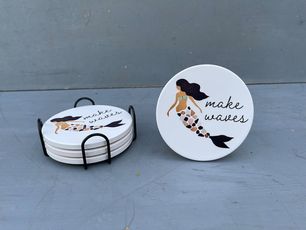 Make Waves Flat Ceramic Coaster with Cork Backing