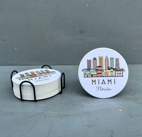 Miami Florida Skyline Paper Pulp Board Coasters | Set of 15 With Black Metal Stand | Absorbent Disposable Reusable Party Bar Coasters