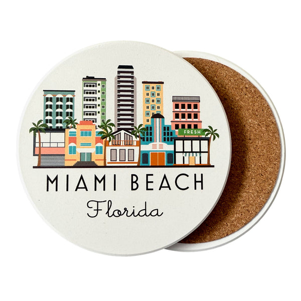 Miami Beach Florida Skyline Absorbent Flat Ceramic Coaster with Cork Backing