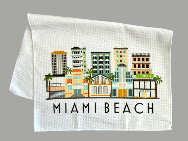 Miami Beach Florida Cityscape Skyline Graphic Microfiber Kitchen Towel Art Deco Graphic Print