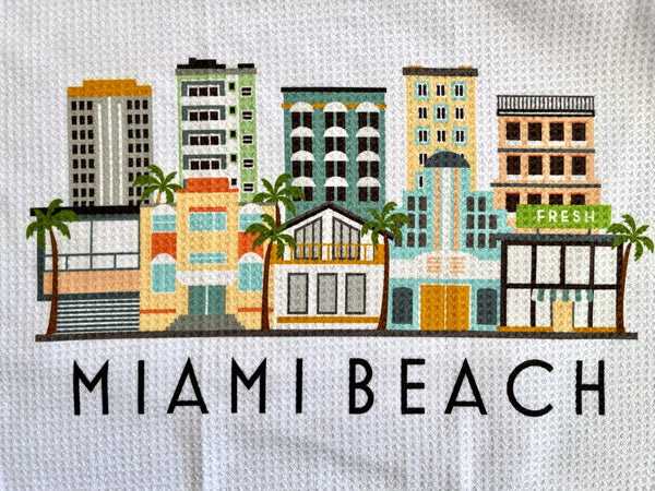 Miami Beach Florida Cityscape Skyline Graphic Microfiber Kitchen Towel Art Deco Graphic Print