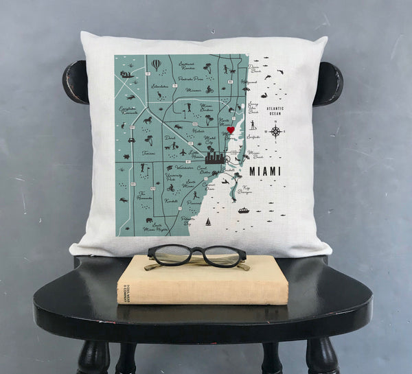 Miami Florida Map Pillow Cover Pin Your Home Throw Pillow Cushion Sham