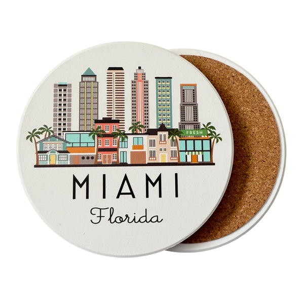 Miami Florida Skyline Absorbent Flat Ceramic Coaster with Cork Backing