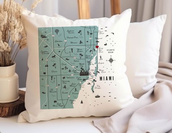 Miami Florida Map Pillow Cover Pin Your Home Throw Pillow Cushion Sham