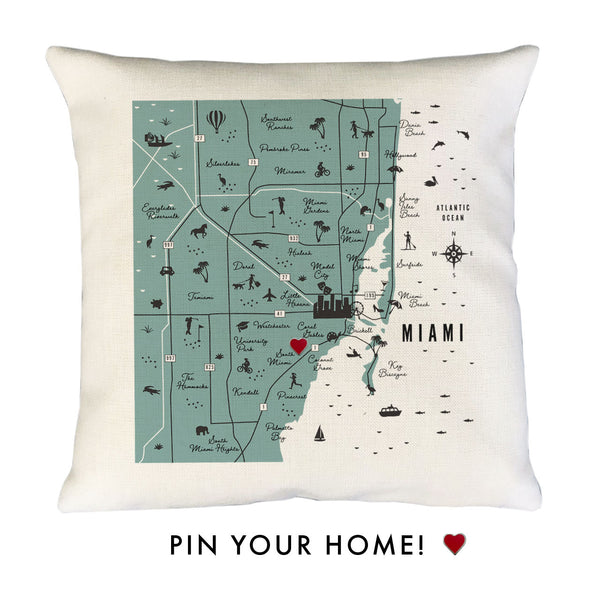 Miami Florida Map Pillow Cover Pin Your Home Throw Pillow Cushion Sham