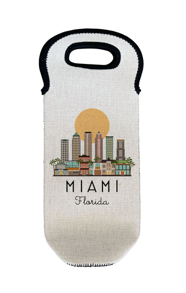 Miami Florida Skyline Wine Carrier Tote Neoprene Lining Liquor Bottle Cooler