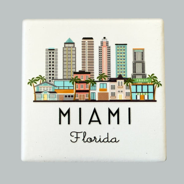 Decorative tile magnet Miami skyline illustration on a gray background