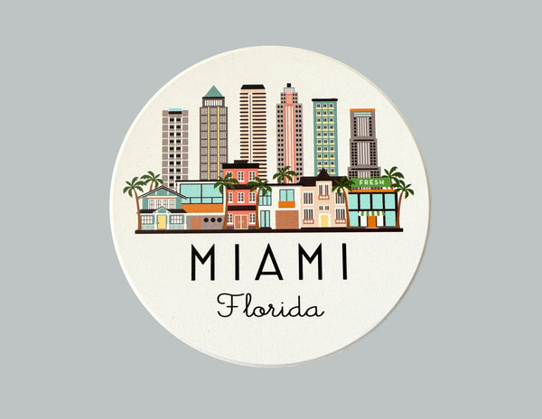 Miami Florida Skyline Absorbent Flat Ceramic Coaster with Cork Backing